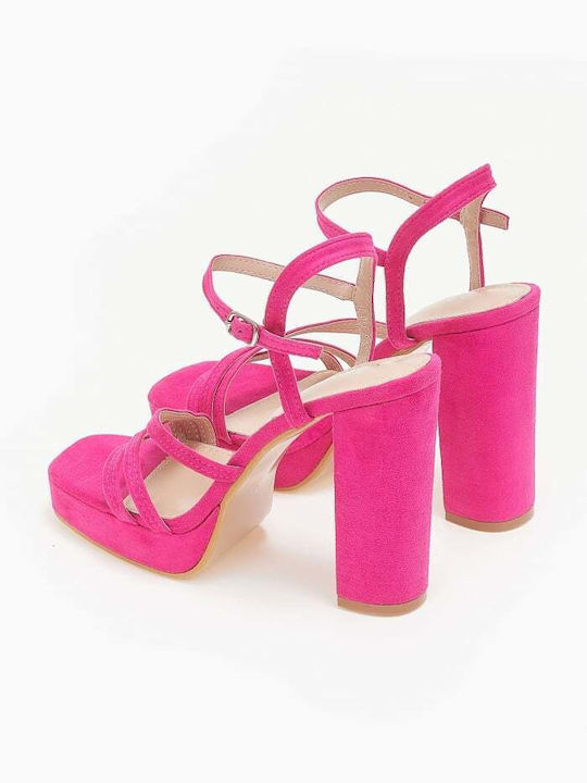 Issue Fashion Platform Suede Women's Sandals Fuchsia with Chunky High Heel