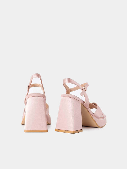 Louizidis Fabric Women's Sandals Pink with Chunky High Heel