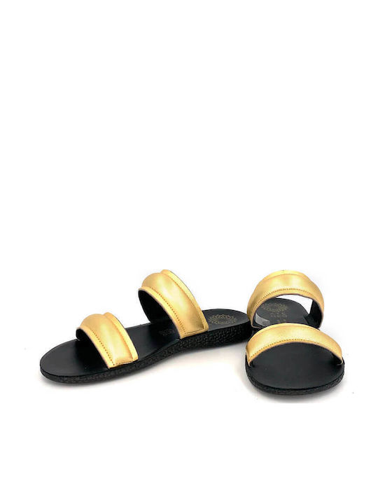 Leather Women's Flat Sandals in Gold Color