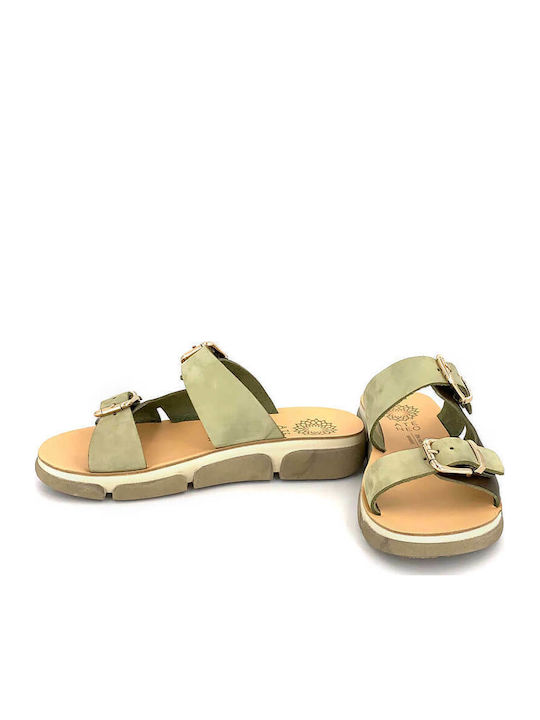 Leather Women's Flat Sandals in Khaki Color