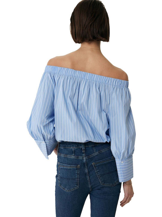 Mexx Women's Summer Blouse Off-Shoulder Long Sleeve Striped Light Blue