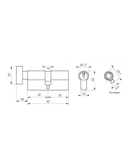 Serruprix Lock Cylinder 60mm (30-30) with Knob and 3 Keys Silver