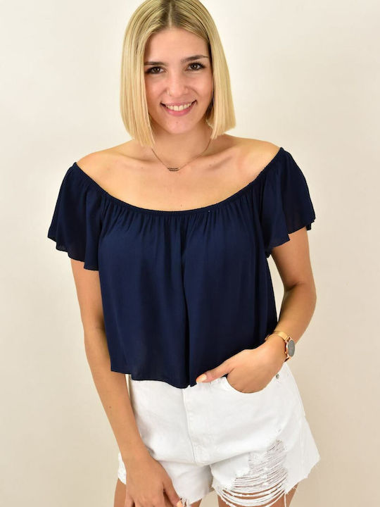 First Woman pentru Femei de Vară Crop Top Bluză cu umerii goi cu Mâneci Scurte Monocrom Negru