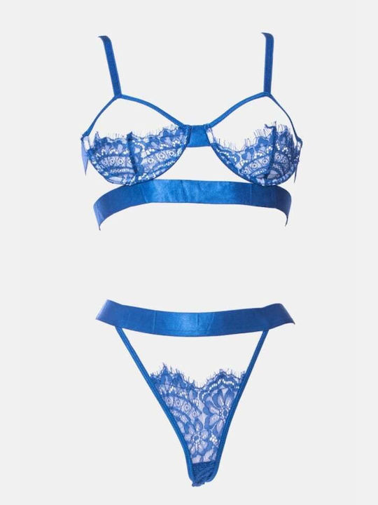 Decoro Lace Underwear Set with Bralette & String Blue