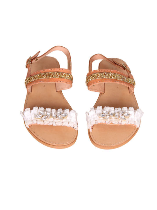 Fashion Beads Leather Women's Flat Sandals in Gold Color