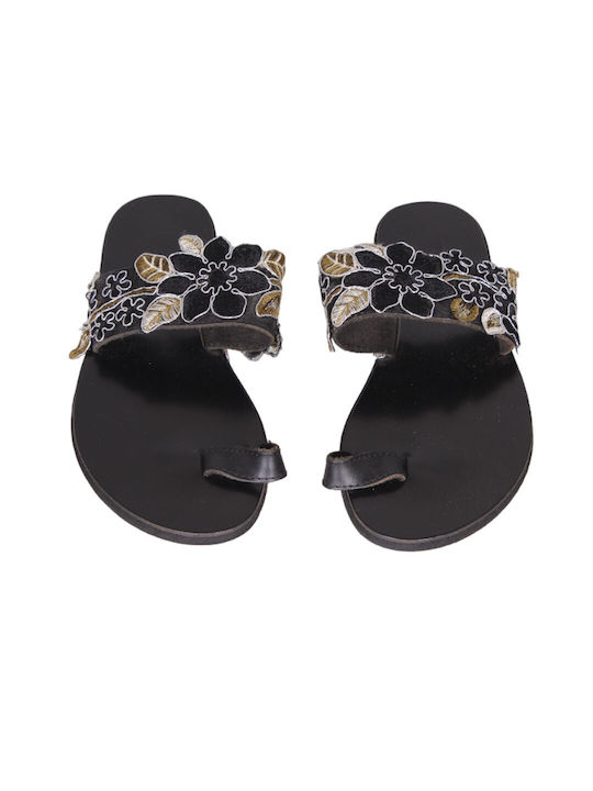 Fashion Beads Leather Women's Flat Sandals in Black Color