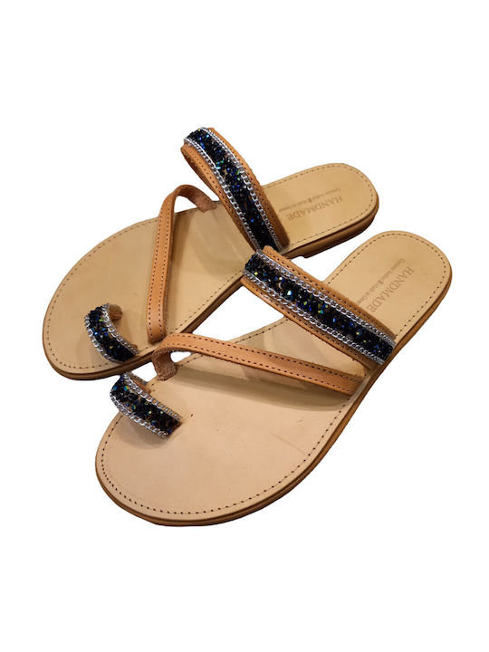 Fashion Beads Leather Women's Flat Sandals in Navy Blue Color