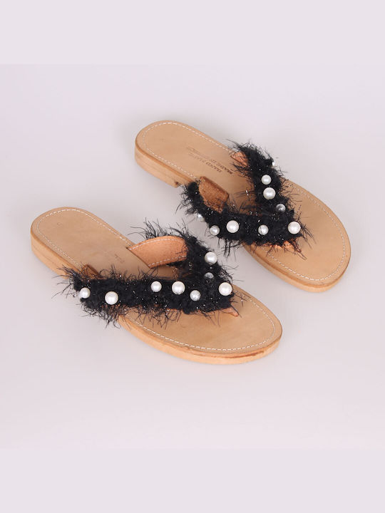 Fashion Beads Leather Women's Flat Sandals in Black Color