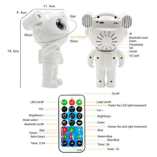 Lumini LED Rotativ Lampă de proiecție pentru copii Astronaut cu Proiecție de Stele Alb 24εκ.