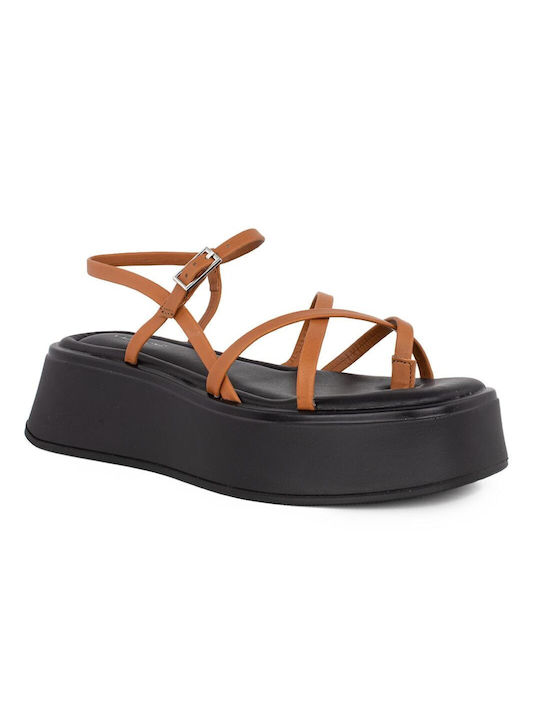 Vagabond Leather Women's Flat Sandals Flatforms in Tabac Brown Color