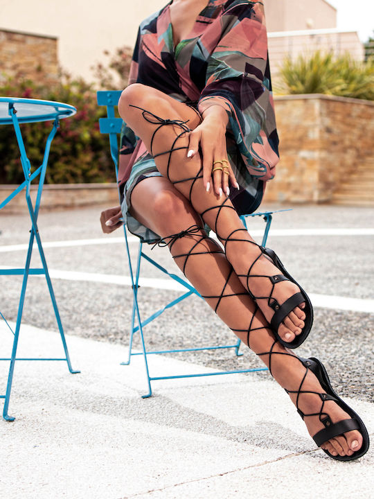 Leder Flache Sandalen Für Damen Schwarz