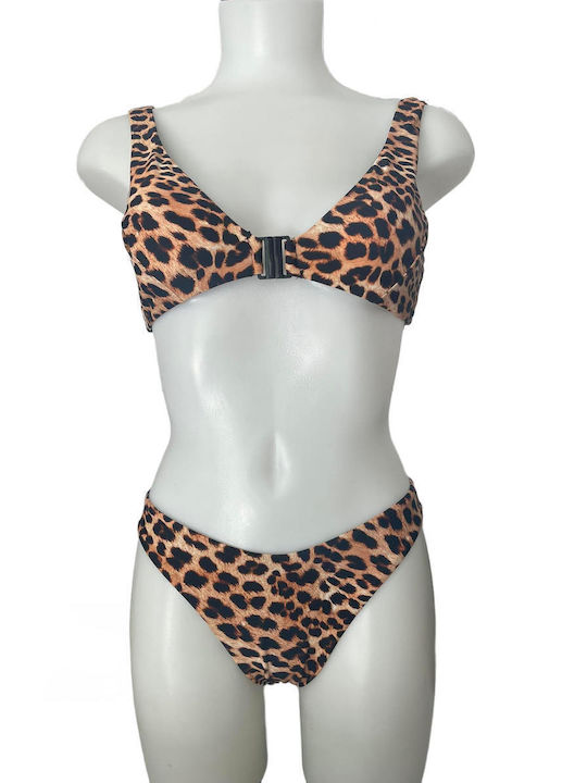 Set de bikini cu imprimeu animal print pentru femei, cu închidere în față, de culoare maro-negru