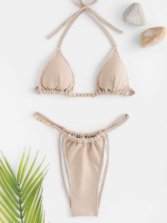 Set Bikini Triangle with Removable Padding and Brazil High Waist Beige