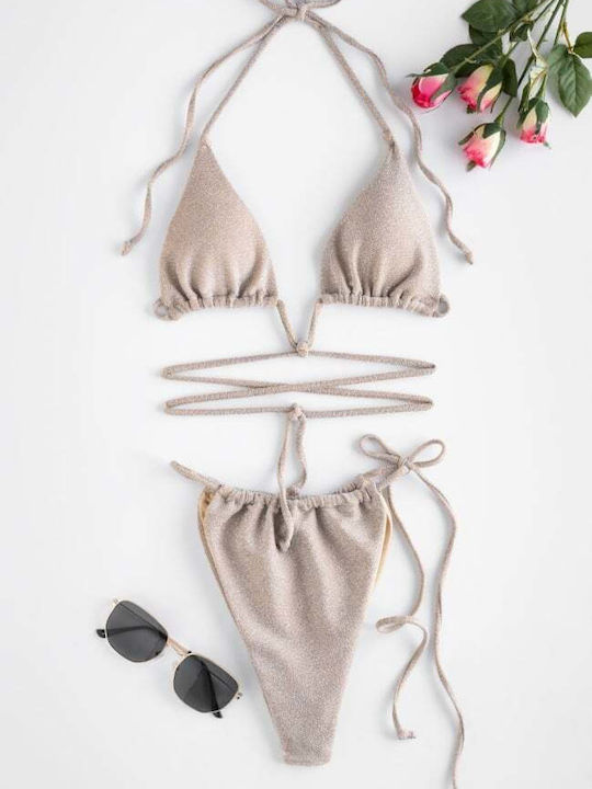 Set Bikini Triunghi & Brazilia Talie Înaltă Bej