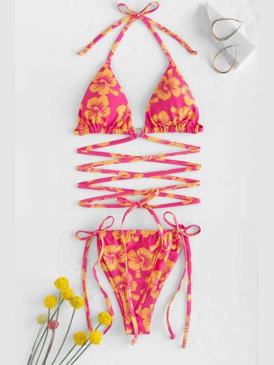 Set Bikini Τριγωνάκι με Αφαιρούμενη Ενίσχυση Floral Φούξια