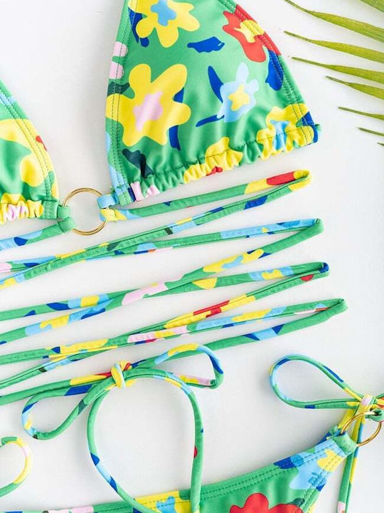 Set Bikini Triunghi Cu Burete Detașabil & Brazilia Floral Verde