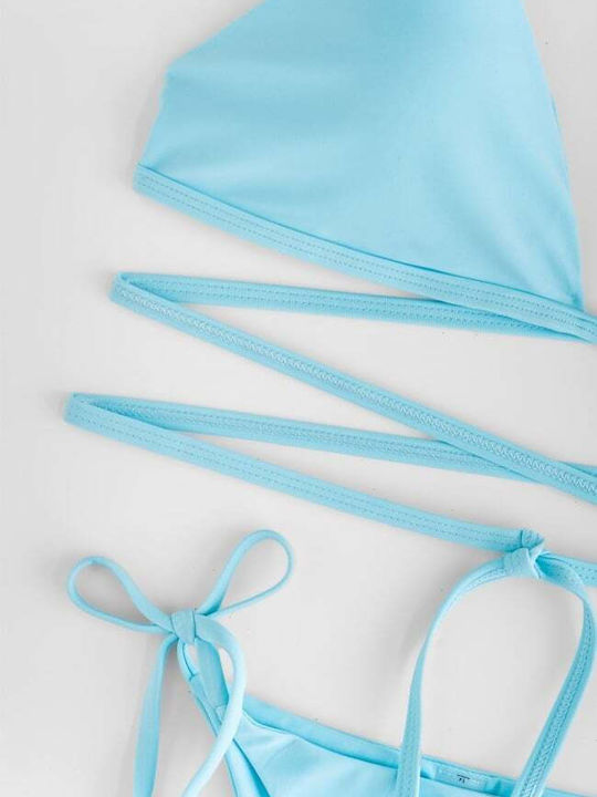 Set Bikini 3 Pieces Triangle with Removable Padding and Brazil High Waist Light Blue