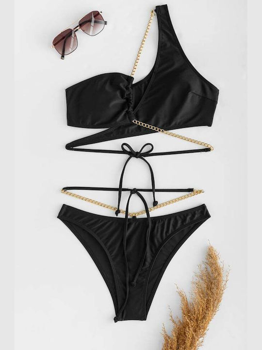 Set Bikini Cu Un Umăr Cu Burete Detașabil Negru