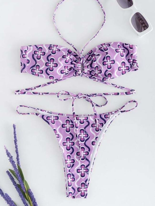 Bikini-Set 3 Stücke mit Abnehmbarer Verstärkung Brasilien Blumen Lila