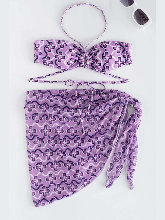 Bikini-Set 3 Stücke mit Abnehmbarer Verstärkung Brasilien Blumen Lila