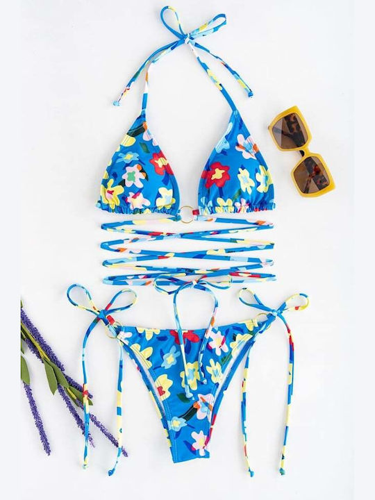 Set Bikini Dreieck Oberteil mit Abnehmbarer Verstärkung & Brasilien Blumen Blau