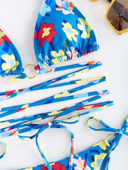 Set Bikini Dreieck Oberteil mit Abnehmbarer Verstärkung & Brasilien Blumen Blau