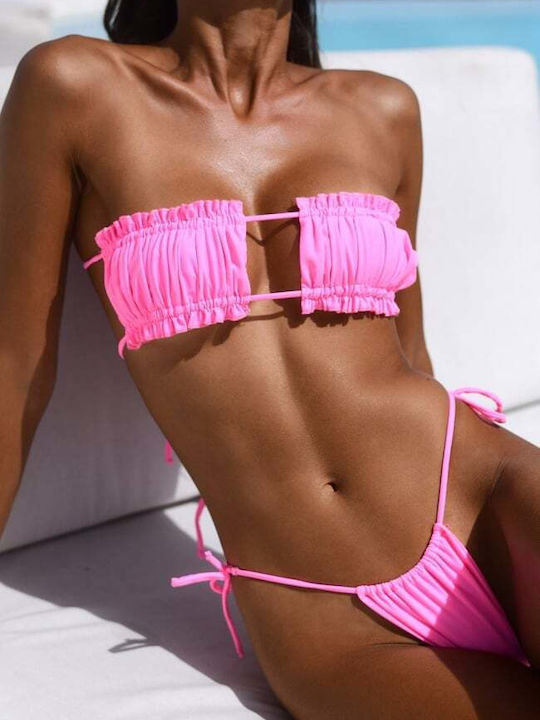 Decoro Bikini Set Strapless Top & Brazil Bottom with Laces Pink