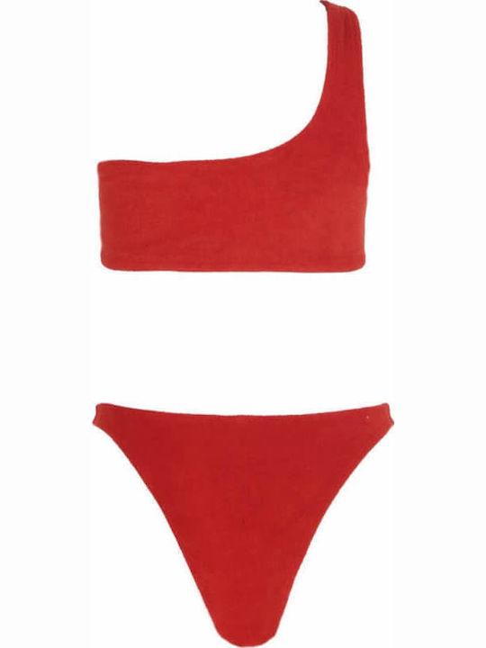 Bikini Set One Shoulder Top & Slip Bottom Terry Red