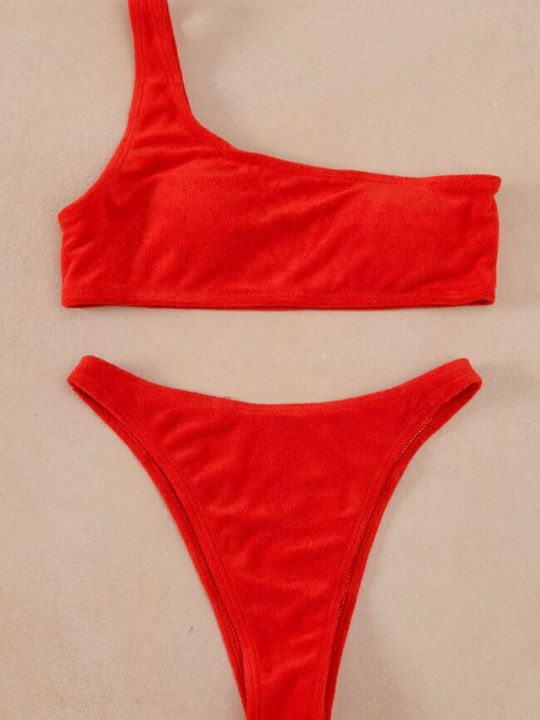 Bikini Set One Shoulder Top & Slip Bottom Terry Red