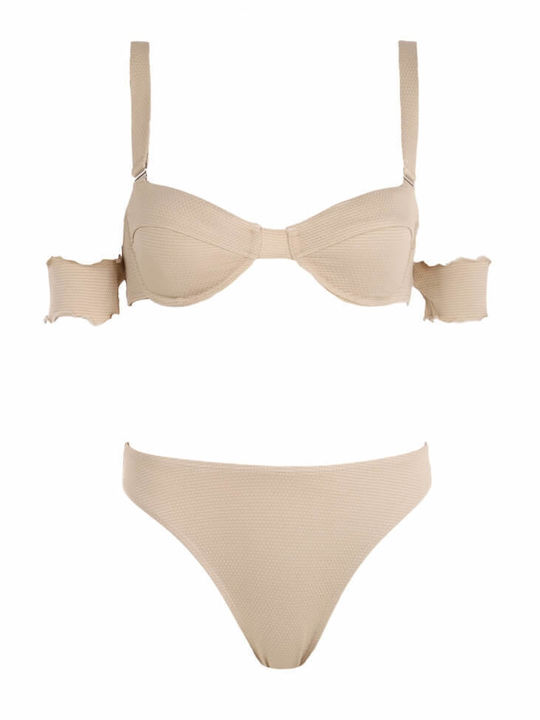 Luigi Padded Underwire Bikini Set Strapless Top & Slip Bottom with Detachable & Adjustable Straps Beige