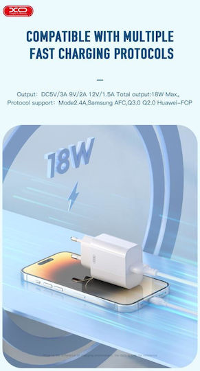XO Φορτιστής με Θύρα USB-A και Καλώδιο micro USB 18W Quick Charge 3.0 Λευκός (L103)