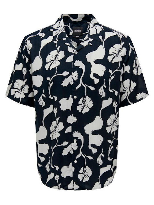 Short-sleeved Cotton Shirt Floral Navy Blue