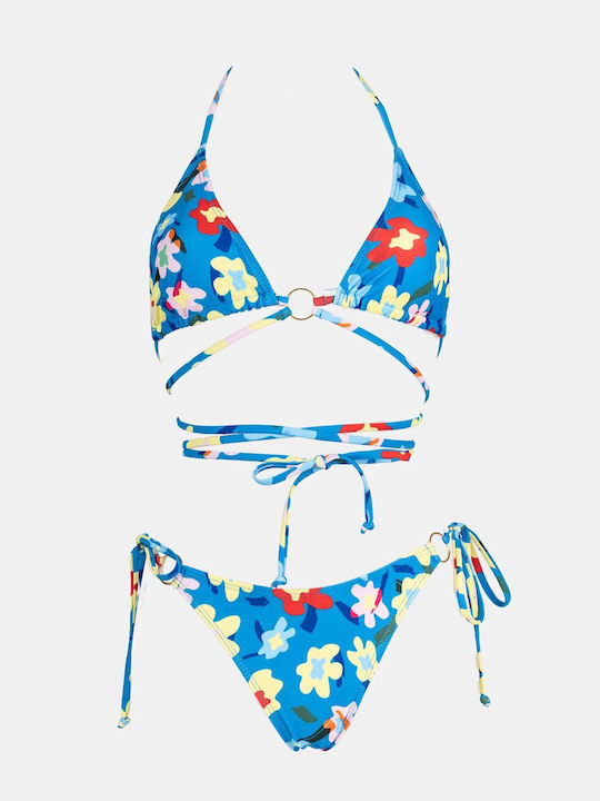 Set Bikini Dreieck Oberteil mit Abnehmbarer Verstärkung & Brasilien Blumen Blau