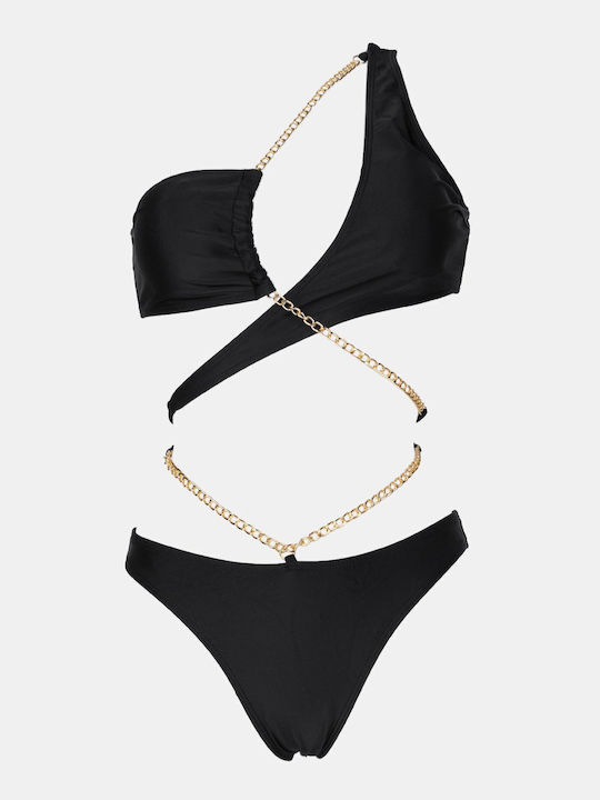 Set Bikini Cu Un Umăr Cu Burete Detașabil Negru