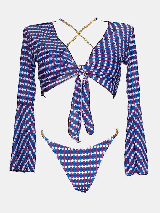 Set Bikini 3 Pieces Triangle with Removable Padding and Brazil High Waist Purple