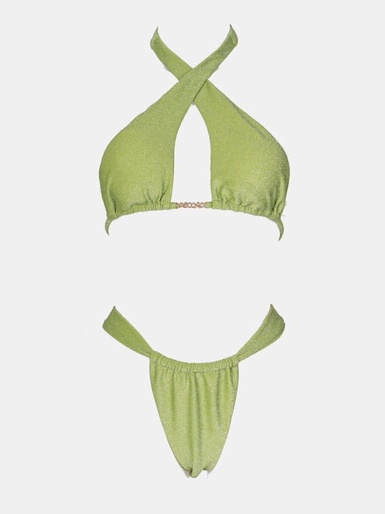 Set Bikini Triunghi Cu Burete Detașabil Și Brazilia Talie Înaltă Verde