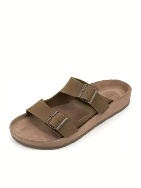 Leather Women's Flat Sandals Anatomic in Khaki Color