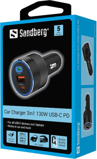 Sandberg Sandberg Autoladegerät 130W mit Anschlüssen 1xUSB 2xType-C Schwarz Farbe