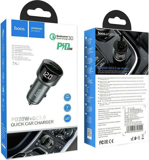 Hoco Z42 Auto-Ladegerät 20W 3A Schnellladung mit einem Anschluss: 1xUSB Gray Farbe