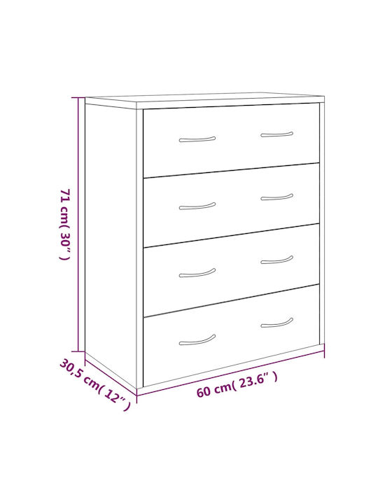 Wooden Chest of Drawers with 4 Drawers Black 60x30.5x71cm