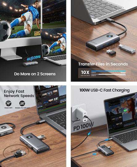 Orico USB-C Docking Station με HDMI 4K PD και σύνδεση 2 Οθονών Γκρι (PW11-6PR-GY-EP)