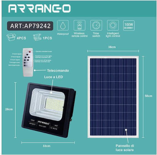 Arrango Στεγανός Ηλιακός Προβολέας LED 100W Ψυχρό Λευκό με Τηλεχειριστήριο IP65
