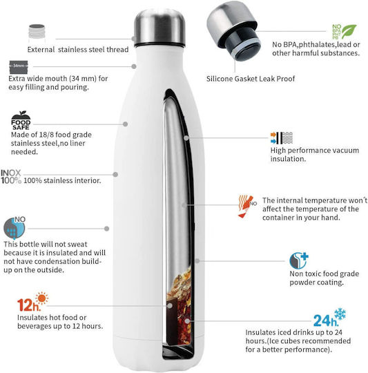 Koupakoupa Recyclable Bottle Thermos Stainless Steel BPA Free 500ml White