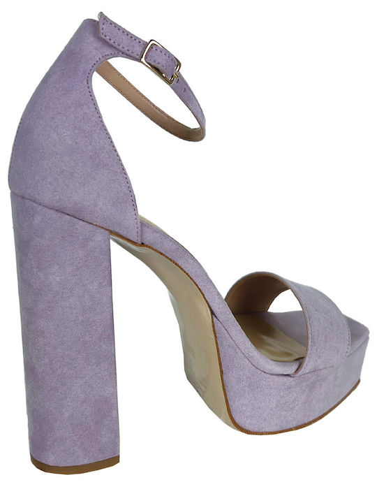Leder Damen Sandalen mit Chunky hohem Absatz in Lila Farbe