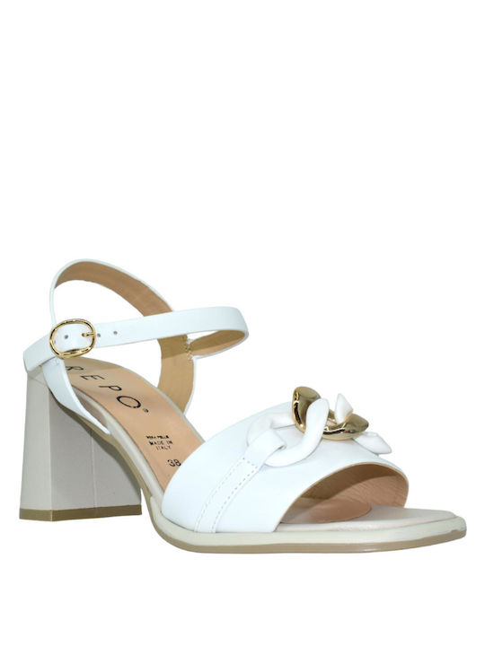 Repo Leather Women's Sandals White with Chunky High Heel 33406-33