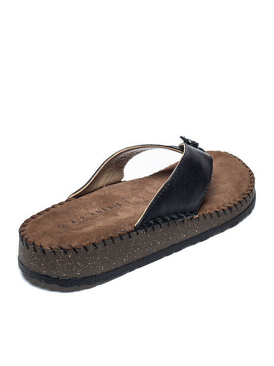 Leather Women's Flat Sandals in Black Color