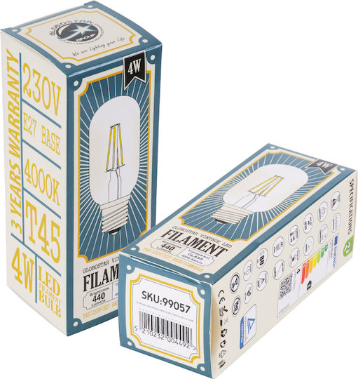 GloboStar LED Bulb 4W 110mm for Socket E27 and Shape T45 Natural White 440lm Dimmable