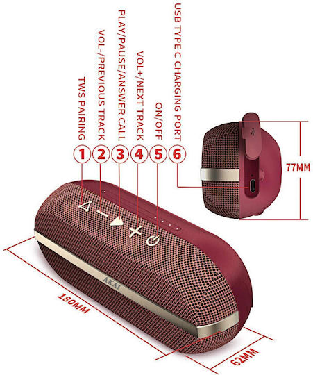 Akai Proffesional ABTSW-30R Αδιάβροχο Ηχείο Bluetooth 20W με Διάρκεια Μπαταρίας έως 15 ώρες Κόκκινο