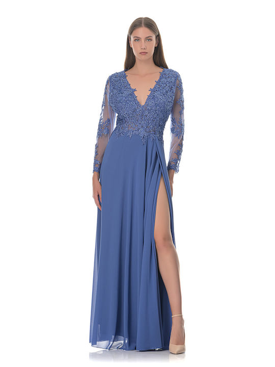 Farmaki Καλοκαιρινό Maxi Βραδινό Φόρεμα με Δαντέλα Μπλε