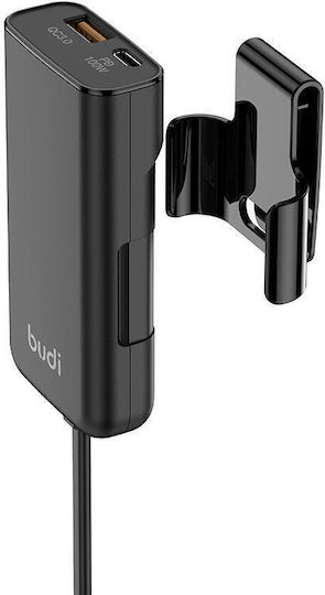 Budi Qc 3.0 Schwarzer 050649 Handy-Autoladegerät 105W 3A Schnellladen mit Anschlüssen: 1xUSB-A 1xType-C Eingebettetes Kabel Schwarz Farbe